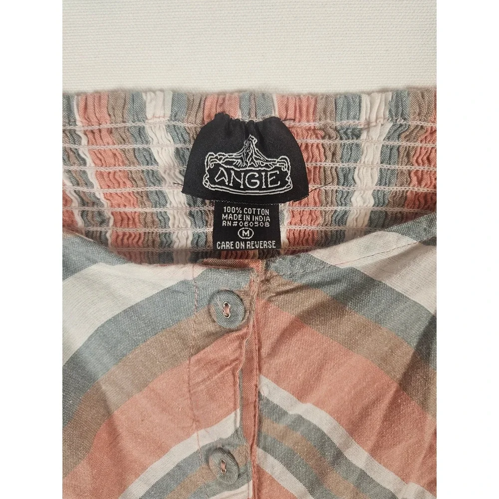 Angie Striped Dress Women Medium Cotton Boho Puff Sleeve Button Coastal